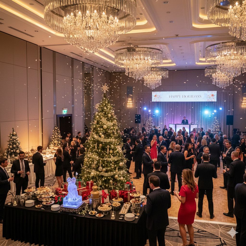 Professionals in formal attire networking at elegant corporate holiday parties with a large Christmas tree and buffet.